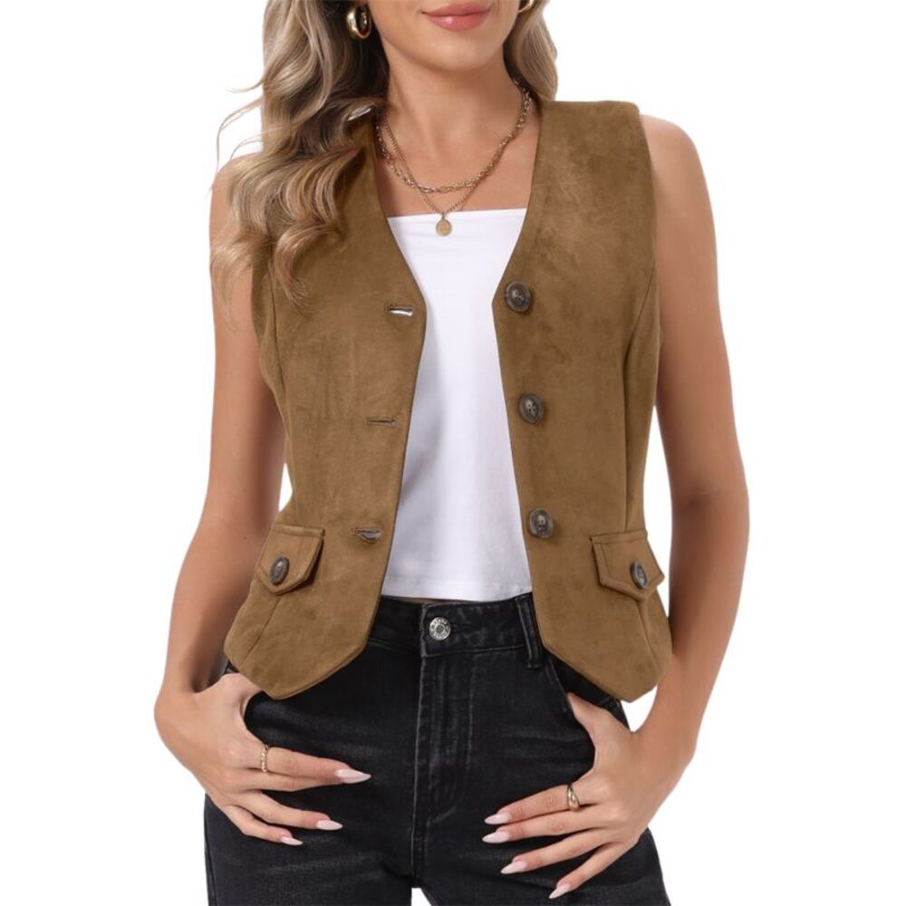 Women's Button Down V Neck Western Faux Suede Vest Brown